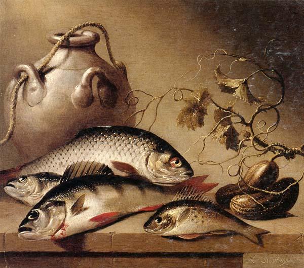 Harmen van Steenwyck Still life of freshwater fish,together with an earthenware pot and ghrkins,upon a stone ledge Sweden oil painting art